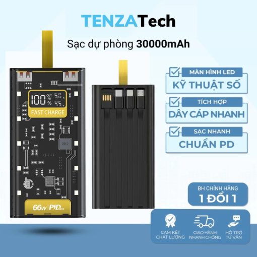 Sạc Dự Phòng Trong Suốt 30000ᴍᴀʜ Với 2 Cổng Sạc Nhanh 22.5w và 20W Kèm 4 Đầu Sạc Màn Hình LED TENZATEK - Ảnh 2