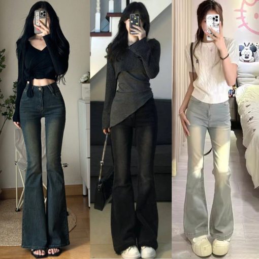 Quần Jeans Nữ Ống Loe MIAA Lưng Cao Màu RETRO Chất Dày Dặn Co Giãn Tốt, quần bò ống loe nữ cạp cao ôm eo gọn chân - Ảnh 4