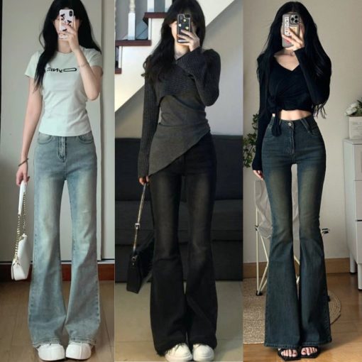 Quần Jeans Nữ Ống Loe MIAA Lưng Cao Màu RETRO Chất Dày Dặn Co Giãn Tốt, quần bò ống loe nữ cạp cao ôm eo gọn chân - Ảnh 2