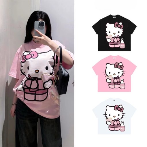 Áo Thun Ngắn Tay Nam Nữ HELLO KITTY MILK, Áo Cộc Tay Chất Cotton Thoáng Mát Cute  2025 - Ảnh 2
