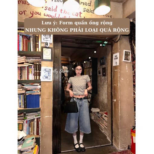 Quần jean lửng nữ ống rộng Jelly quần bò lửng D001 quần short jean cạp cao dài qua gối trend 2025 - Ảnh 3