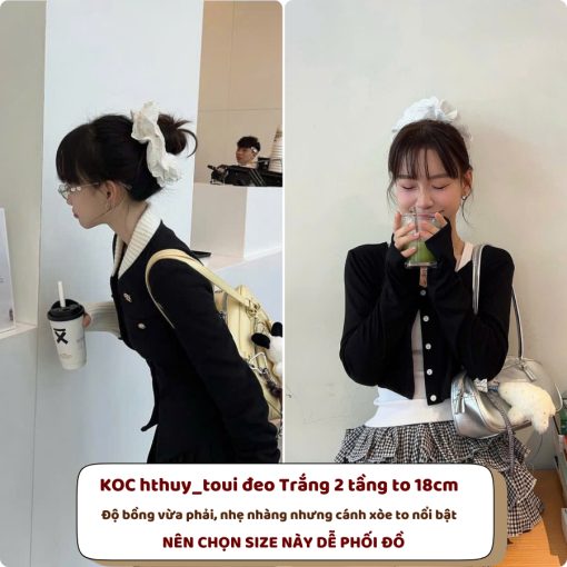Dây buộc tóc scrunchies to phồng ren trắng nơ cao cấp, Dây cột tóc nơ ren dễ thương sang trọng Her Accessories - Ảnh 3
