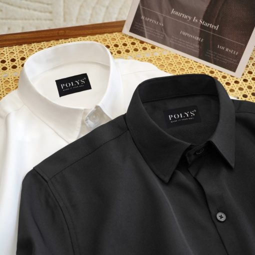 Áo sơ mi nam tay dài Trắng Đen POLYS, Vải Chéo Thái dày dặn, co giãn, thoáng khí LONG SLEEVE - Ảnh 5
