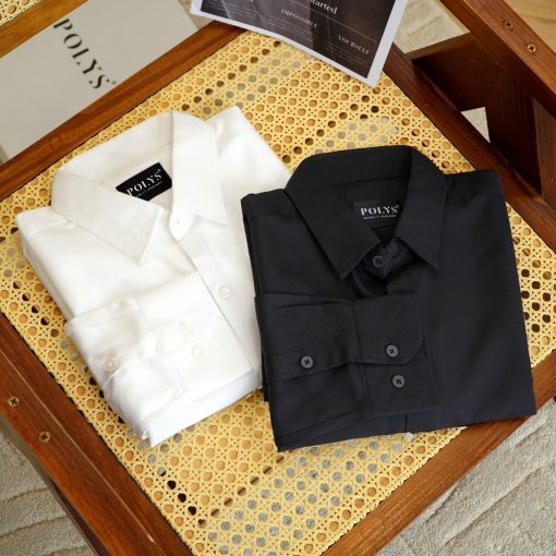 Áo sơ mi nam tay dài Trắng Đen POLYS, Vải Chéo Thái dày dặn, co giãn, thoáng khí LONG SLEEVE - Ảnh 3