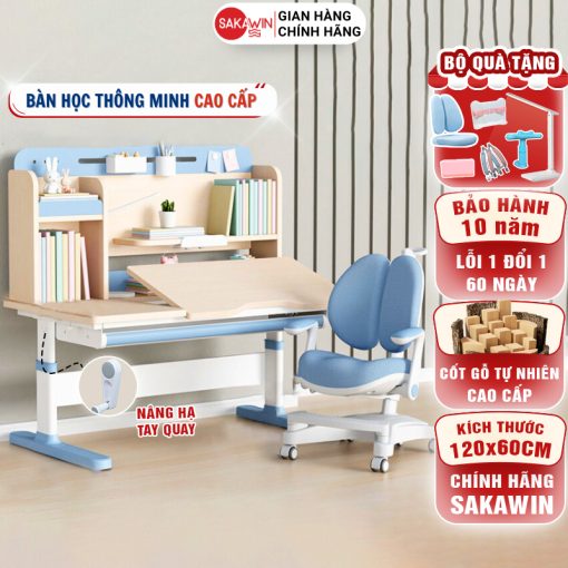 [MỚI]  Bộ bàn học chống gù gỗ tự nhiên Sakawin SO04, Bàn học cao cấp cho bé, Thiết kế hiện đại, Kích thước lớn 1m2 - Ảnh 2