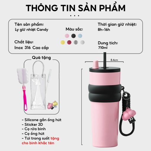 Bình giữ nhiệt khắc tên Fan House bình nước giữ nhiệt 12h inox 316 ống hút tiện lợi 710ml tặng sticker, bộ rửa bình - Ảnh 4