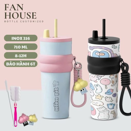 Bình giữ nhiệt khắc tên Fan House bình nước giữ nhiệt 12h inox 316 ống hút tiện lợi 710ml tặng sticker, bộ rửa bình - Ảnh 2