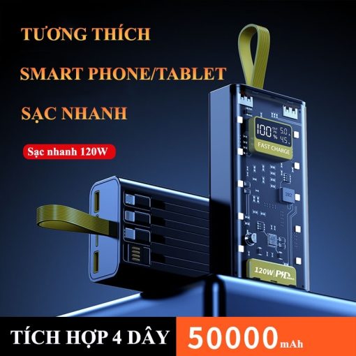 Sạc Dự Phòng 50000mah sạc nhanh pd120w/20w trong suốt tích hợp 4 dây sạc tích hợp đèn led chiếu sáng - Ảnh 3