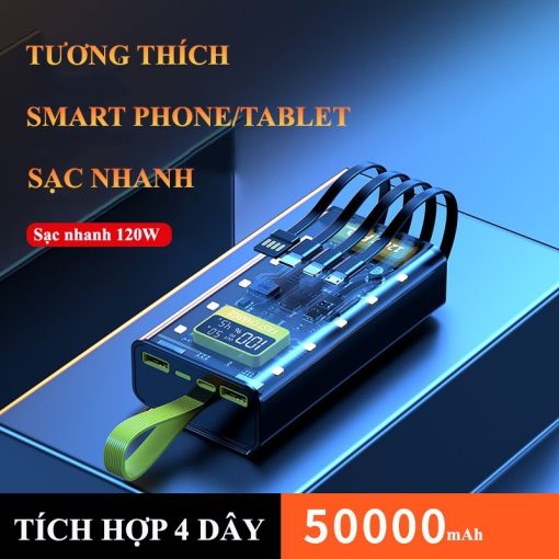 Sạc Dự Phòng 50000mah sạc nhanh pd120w/20w trong suốt tích hợp 4 dây sạc tích hợp đèn led chiếu sáng - Ảnh 4