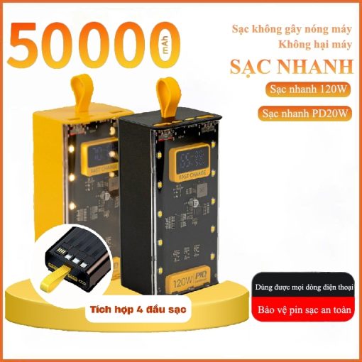 Sạc Dự Phòng 50000mah sạc nhanh pd120w/20w trong suốt tích hợp 4 dây sạc tích hợp đèn led chiếu sáng - Ảnh 2
