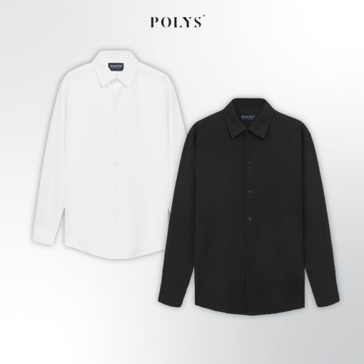 Áo sơ mi nam tay dài Trắng Đen POLYS, Vải Chéo Thái dày dặn, co giãn, thoáng khí LONG SLEEVE - Ảnh 2