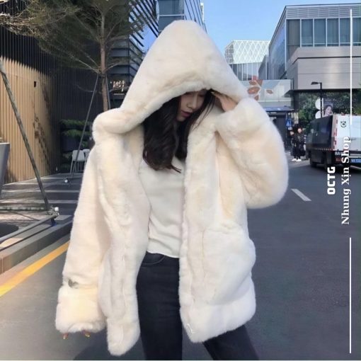 Áo khoác lông thỏ unisex form rộng thụng MÀU TRƠN CÓ MŨ siêu rộng thiết kế phong cách Hàn Quốc - Ảnh 2