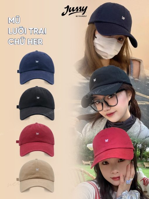 [Choice] Mũ lưỡi trai nam nữ Jussy Official thêu chữ Her form mềm thời trang Hàn Quốc - Ảnh 3