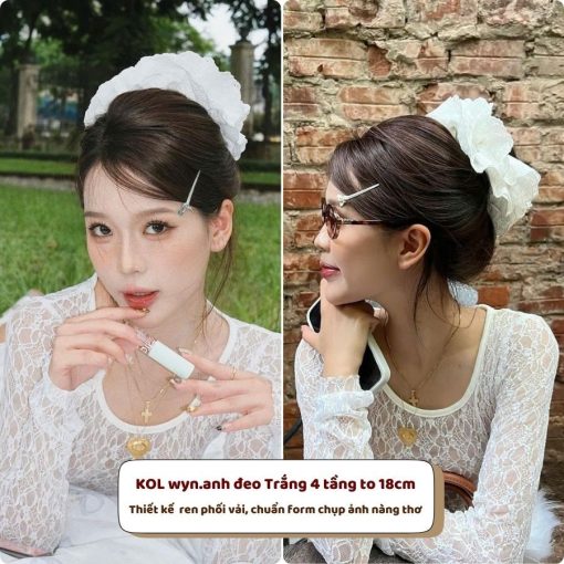 Dây buộc tóc scrunchies to phồng ren trắng nơ cao cấp, Dây cột tóc nơ ren dễ thương sang trọng Her Accessories - Ảnh 5
