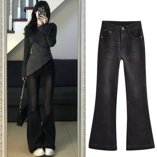 Quần Jeans Nữ Ống Loe MIAA Lưng Cao Màu RETRO Chất Dày Dặn Co Giãn Tốt, quần bò ống loe nữ cạp cao ôm eo gọn chân - Ảnh 3