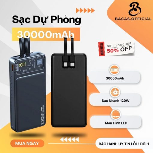 Bộ sạc không dây 30000mAh cục sạc nhanh 120W và PD 20W có sẵn 2 dây sạc RACADOY STORE OFFICIAL | Bacas - Ảnh 2