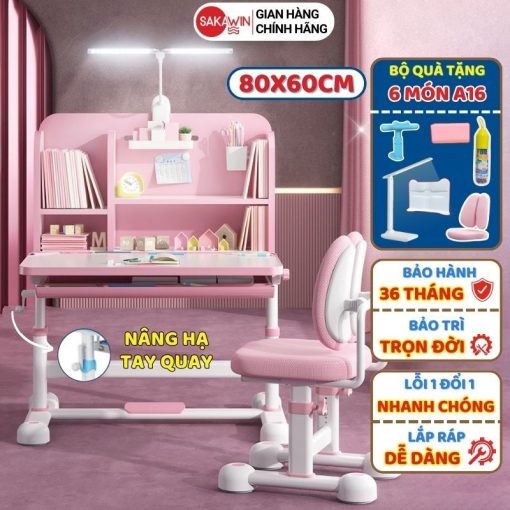 Bộ bàn học chống gù chống cận Sakawin A16 Plus Bàn học chống gù có giá sách Nâng hạ tay quay cao cấp Tiện lợi - Ảnh 2