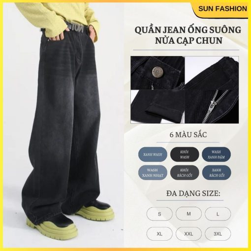Quần jean ống rộng nam nữ SUN 95 jean wash hách dáng, phong cách trẻ trung năng động unisex - Ảnh 3