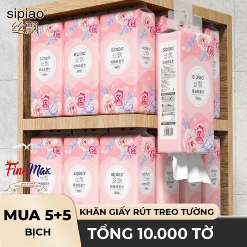 [Thùng 10 Bịch] Giấy Ăn Rút Treo Tường SIPIAO Hoa Mẫu Đơn Tím, Khăn Giấy Ăn 4 Lớp, Tặng Kèm Móc Treo, Bịch/1000 Tờ - Ảnh 3