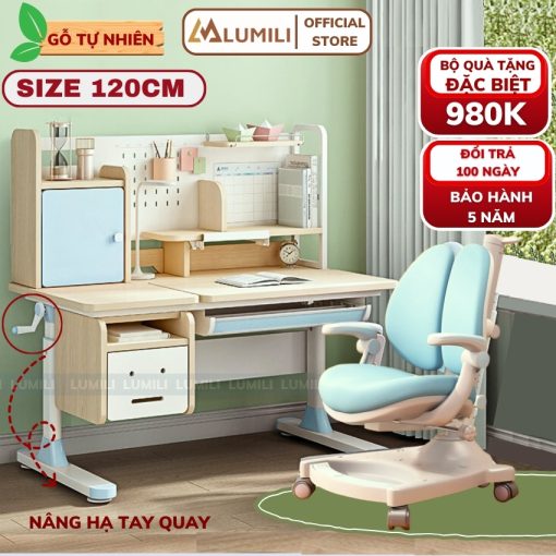 Bàn học chống gù thông minh trẻ em Lumili 310 gỗ tự nhiên cao cấp, bàn ngồi học cho bé 120cm - Ảnh 2