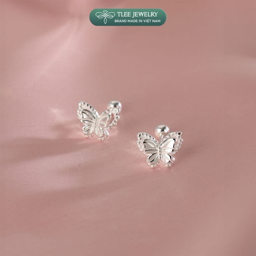 Khuyên tai bạc nữ TLEE cánh hồ điệp đôi cách điệu viền hạt chốt ren bi xinh xắn TLEE JEWELRY B0448 - Ảnh 5