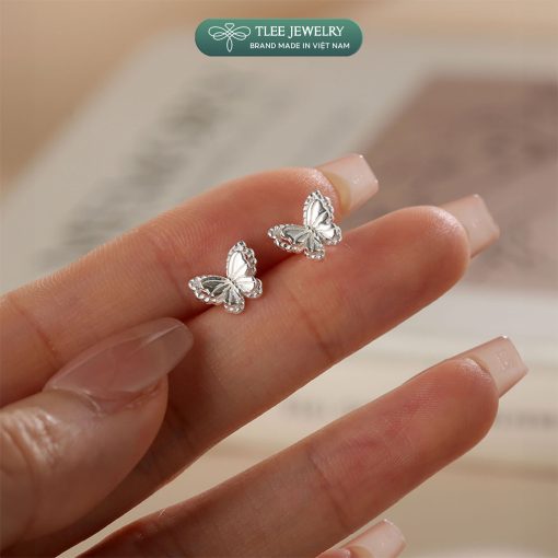 Khuyên tai bạc nữ TLEE cánh hồ điệp đôi cách điệu viền hạt chốt ren bi xinh xắn TLEE JEWELRY B0448 - Ảnh 4