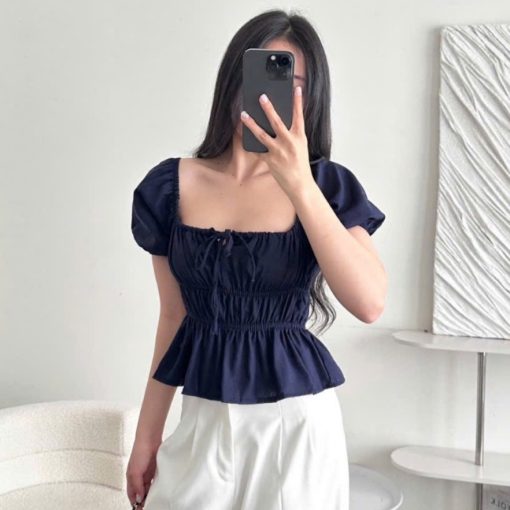 Áo babydoll linen kiểu xinh tay phồng tiểu thư công chúa bo thân nơ coquette ngực xinh xắn Kenco.clothing Sài Gòn M329 - Ảnh 5
