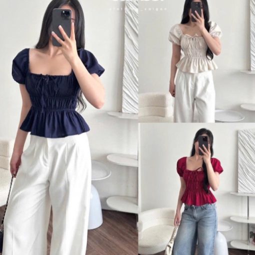 Áo babydoll linen kiểu xinh tay phồng tiểu thư công chúa bo thân nơ coquette ngực xinh xắn Kenco.clothing Sài Gòn M329 - Ảnh 2