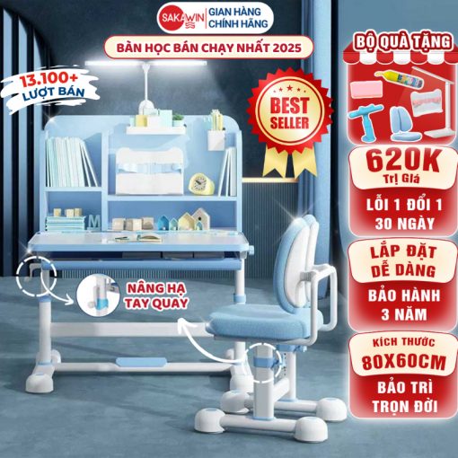 (Bản Cải Tiến) Bộ bàn học cho bé Sakawin A16 Plus, Bàn học chống gù có giá sách, Nâng hạ tay quay. - Ảnh 2