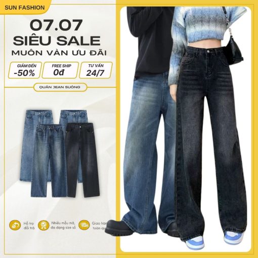 Quần jean ống rộng nam nữ SUN 95 jean wash hách dáng, phong cách trẻ trung năng động unisex - Ảnh 2