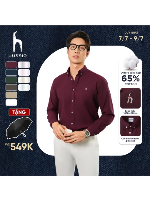 Áo sơ mi nam tay dài SEASON "BA" thêu logo, vải Oxford cao cấp, thoáng mát, đứng form - HUSSIO - Ảnh 2