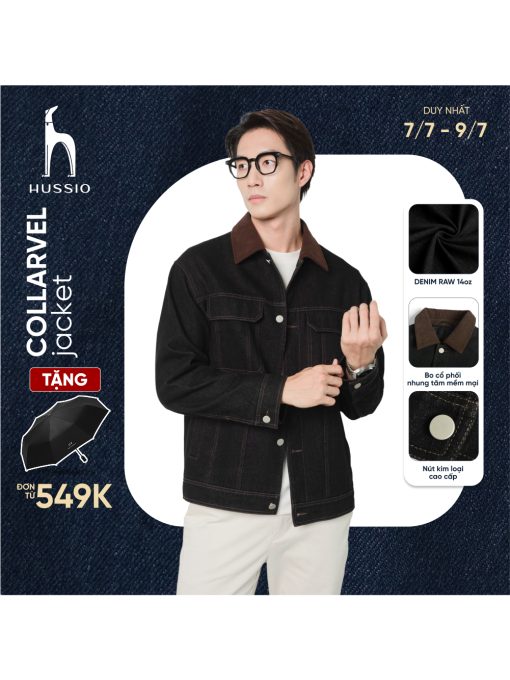 Áo khoác jeans nam phối cổ nhung DENIM COLLARVEL dày dặn, đứng form, độ bền vải cao - HUSSIO - Ảnh 2