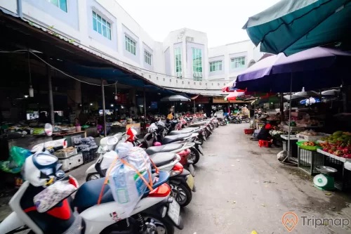 Chợ Hạ Long 2 , Chợ Loong Toòng, nhiều xe máy đang đỗ trên nền đường màu xám, nhiều quầy bán hoa quả, nhiều ô to, ảnh chụp ban ngày