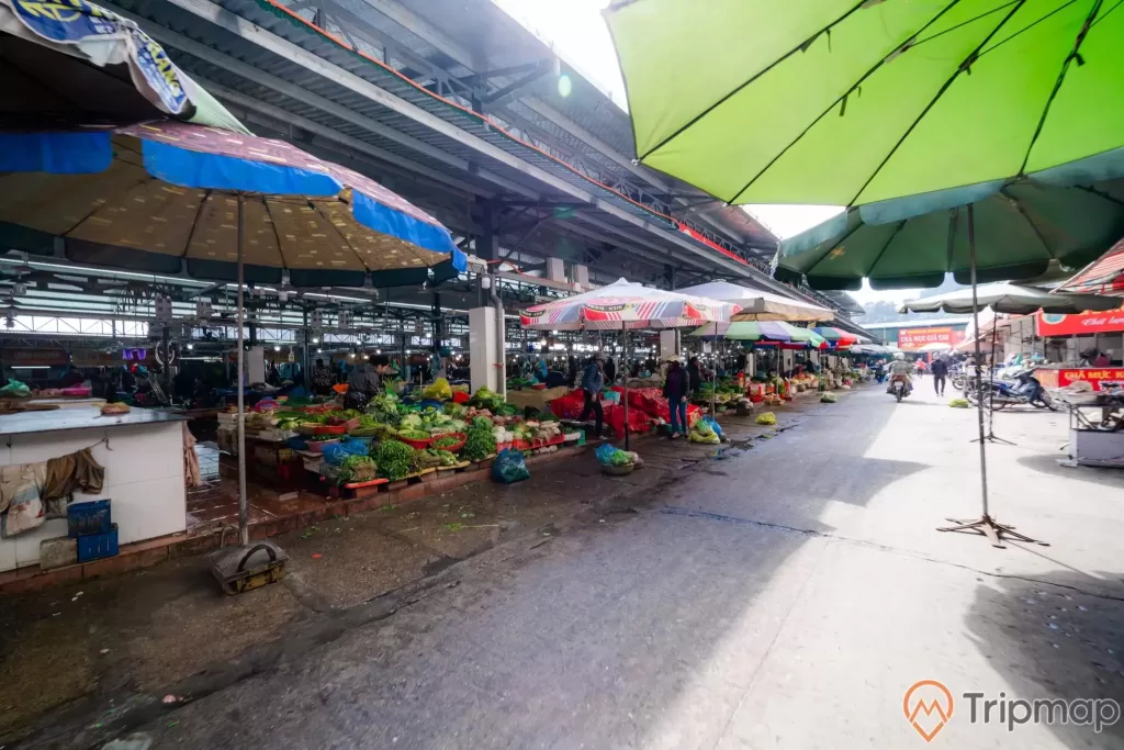 Chợ Hạ Long, Chợ Hòn Gai, nền đường màu xám, quầy bán rau củ, nhiều ô to màu xanh, trời nắng, ảnh chụp ban ngày