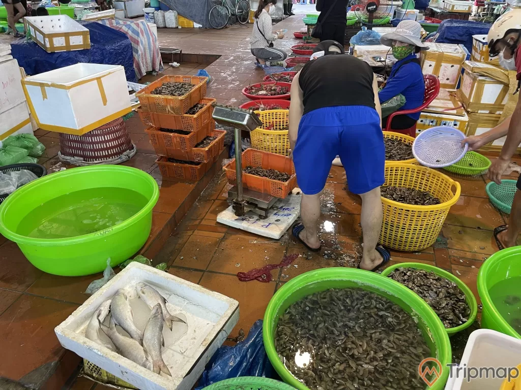 Tiểu tương bày bán hải sản tươi sống tại chợ Hạ Long
