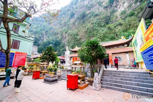 Chùa Long Tiên, nền gạch màu đỏ, 2 chậu cây, tượng phật màu trắng, người đang cầu nguyện, ngọn núi đá có cây xanh phía sau, bậc thang bằng đá màu xám, ảnh chụp ban ngày