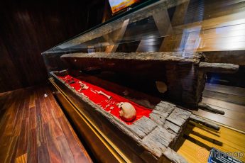 Bảo tàng Quảng Ninh, nơi lưu giữ những giá trị lịch sử, bộ hài cốt đặt trên tấm thảm màu đỏ, bộ hài cốt được đặt trong tủ kính, nền nhà bằng gỗ màu nâu