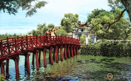 cây cầu thê húc màu đỏ kết nối với đền ngọc sơn