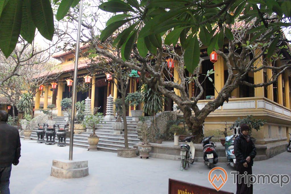 3 chiếc xe máy bên cạnh cái cây trong sân chùa Quán sứ có 2 người đang đứng, lư hương và một vài chậu cây cảnh trong sân chùa