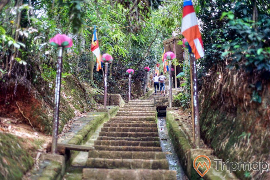 Lối đi lên chùa tây phương, từ Tam quan hạ có 237 bậc thang lát đá ong, cột đèn đường 2 bên đường bậc thang, cây cối mọc 2 bên vách núi, 2 người đang đi lên chùa,