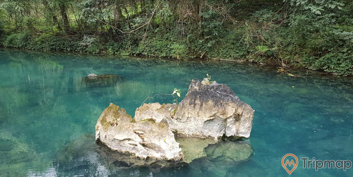 vách đá nhỏ ở dòng suối Lê Nin tại di tích Pác Bó, cây cối xanh tươi bên bờ suối