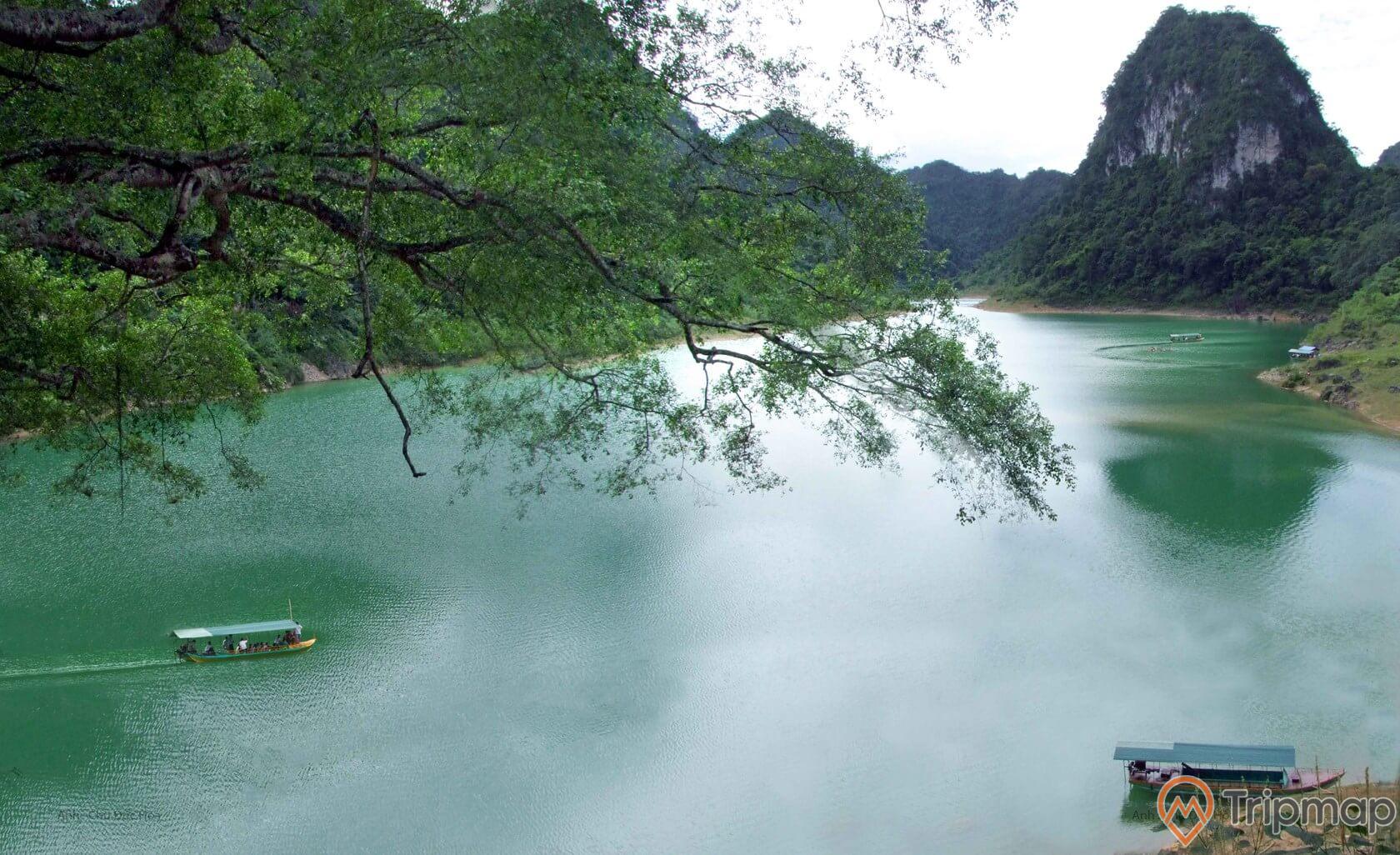 Toàn cảnh hồ Thang Hen, tán cây gần hồ nước, núi đồi ở phía xa, chiếc thuyền đang đi giữa hồ nước và 1 chiếc thuyền khác đang đậu bên bờ hồ, ảnh chụp từ trên cao