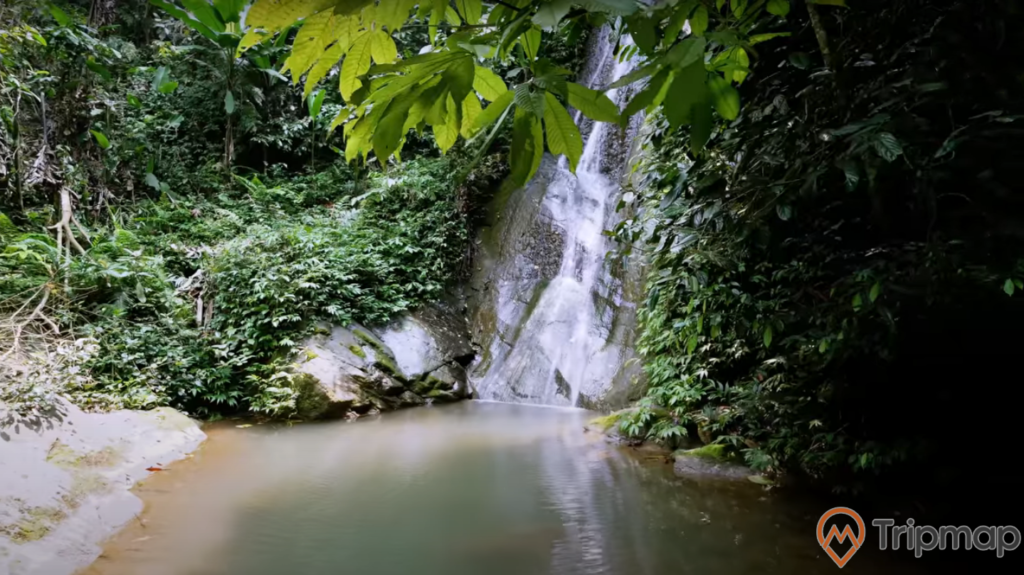 nước chảy trên phiến đá tại thác Nà Khoang tán cây và cây cối xanh tươi gần thác nước, hồ nước phía chân thác