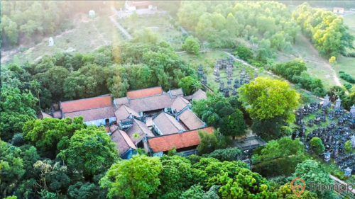 quang cảnh chùa và vườn tháp Bổ Đà, ảnh chụp từ trên cao, cây cối bao quanh ngôi chùa và vườn tháp Bổ Đà