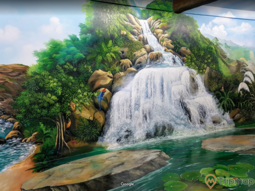 Bảo tàng tranh 3D, bức tranh hình thác nước, bức tranh nhiều cây xanh và hồ nước