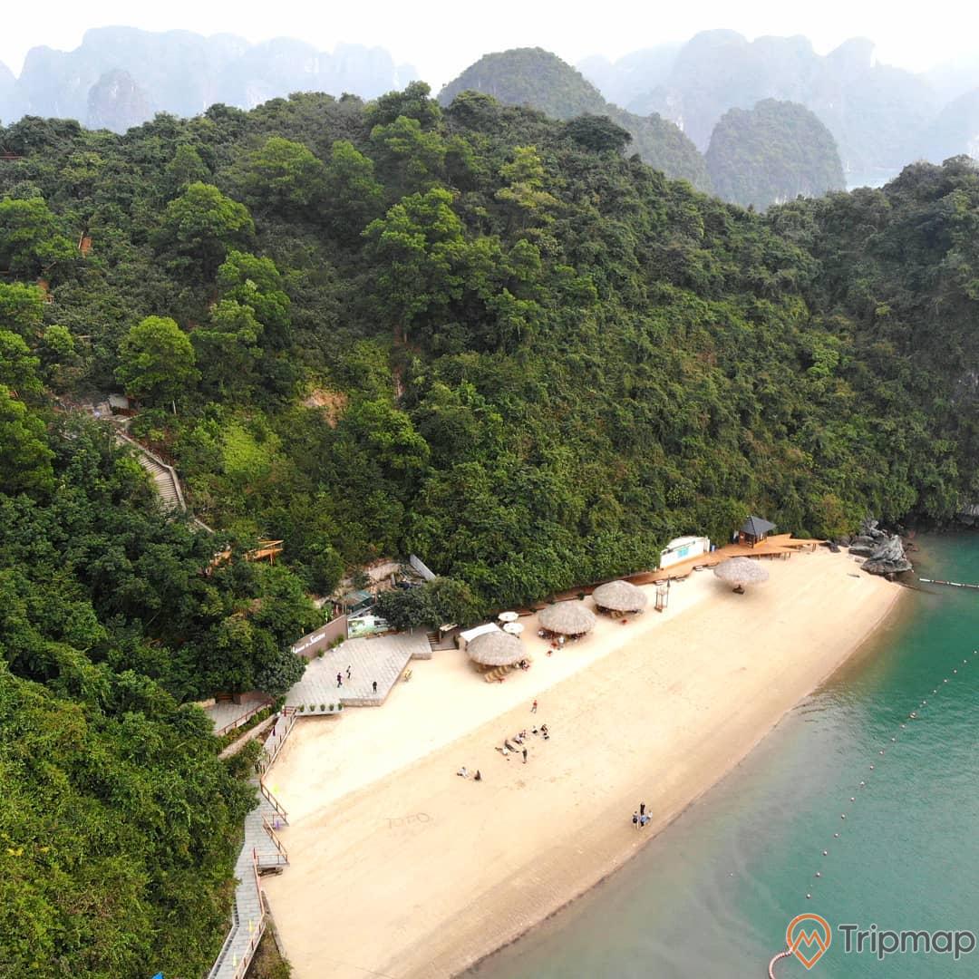 Bãi tắm Soi Sim, Đảo Soi Sim, nhiều cây xanh, bờ cát trắng, mặt nước biển màu xanh, ảnh chụp từ trên cao, ảnh chụp ban ngày