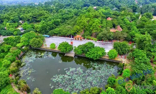 Khu di tích danh thắng Côn Sơn, nhiều cây xanh, hồ nước, con đường đi màu xám, ảnh chụp từ trên cao, ảnh chụp ban ngày