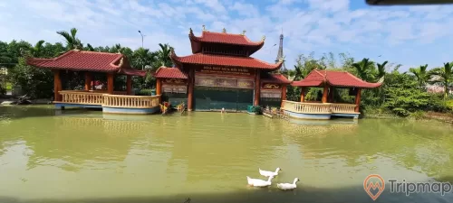 Nhà hát múa rối nước, Quảng Ninh Gate, nhiều mái ngói màu đỏ, bờ hồ có mặt nước màu xanh, đàn vịt màu trắng đang bơi trên mặt nước, trời nắng, nhiều cây xanh phía xa, trời xanh nhiều mây, ảnh chụp ban ngày