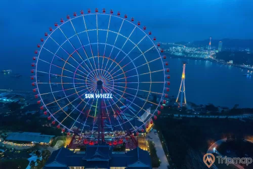 Sun Wheel , Vòng quay Mặt trời, vòng quay đang phát sáng, ảnh chụp từ trên cao, ảnh chụp buổi tối