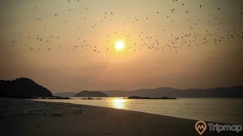 Vẻ đẹp hoàng hôn trên đảo Cô Tô con, ảnh chụp ngoài trời, hoàng hôn tại bãi biển đảo cô tô con, đàn chim bay trên bầu trời đảo cô tô con, đảo phía xa xa